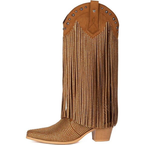 ⚡Women's Brown Rhinestone Fringe Cowgirl Boots Sparkly Western Pointed Toe - Picture 1 of 6